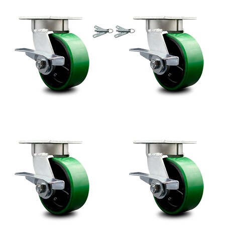 Service Caster 5 Inch Kingpinless Green Poly on Steel Wheel Caster Brakes 2 Swivel Locks, 4PK SCC-KP30S520-PUR-GB-SLB-BSL-2-SLB-2
